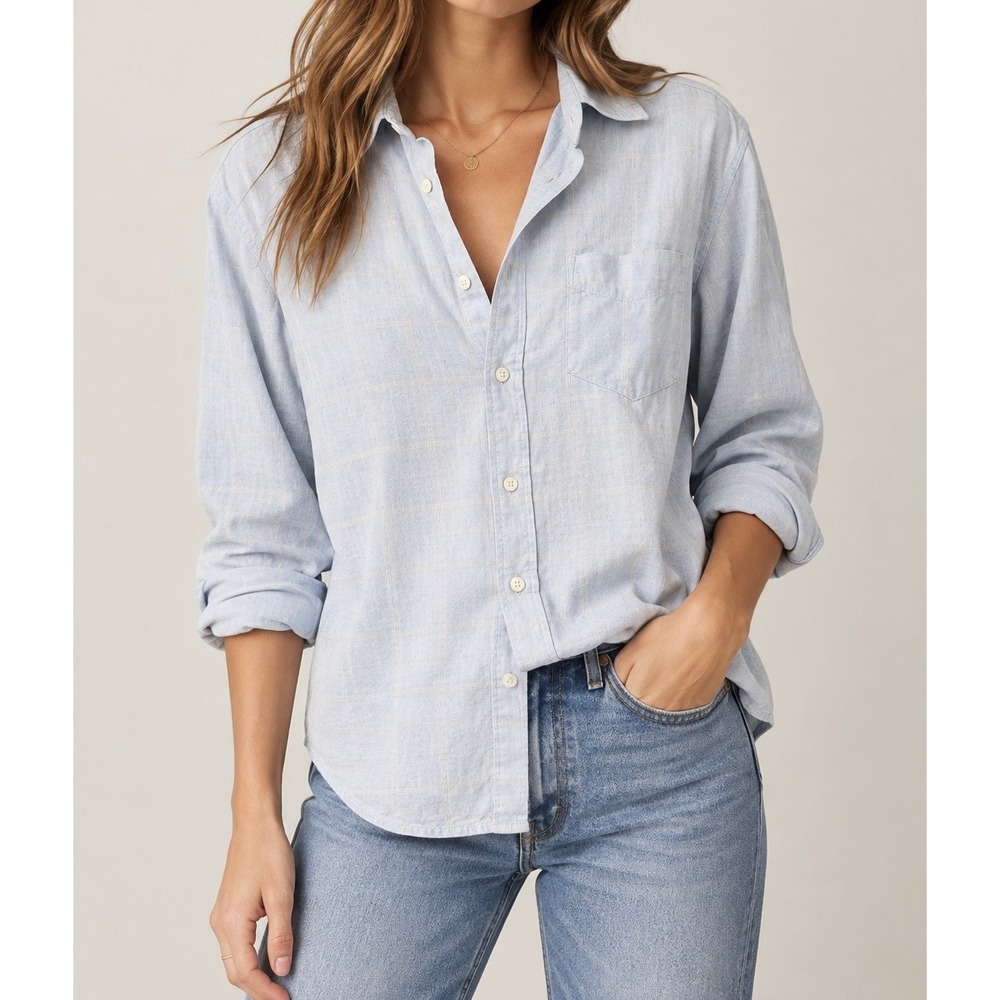 Azulu Women Light Blue Windowpane Plaid 100% Linen Button Down Shirt Size 2